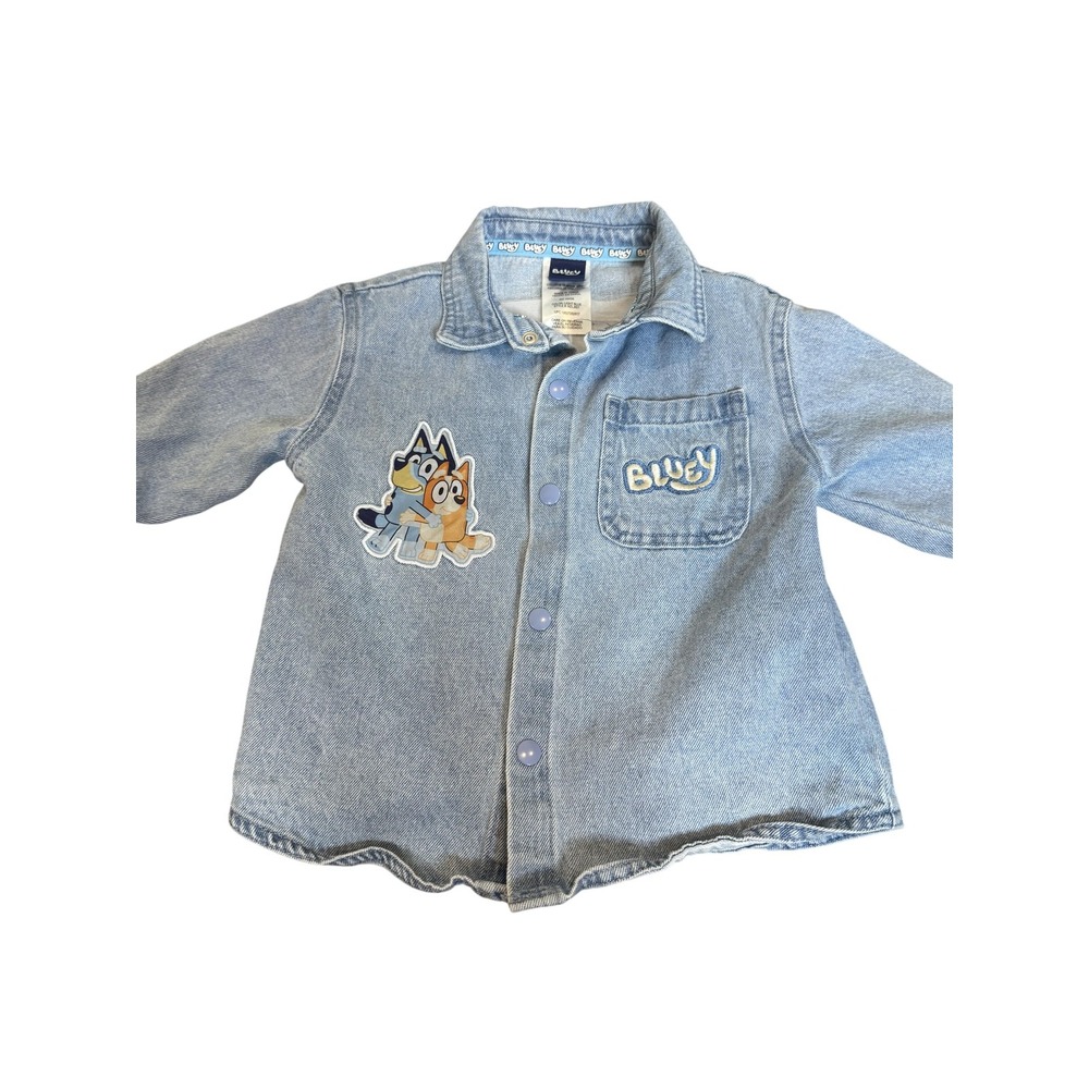 Bluey Denim Shirt Jacket Baby Boys 18M Light Blue Snap Front Bluey Graphic Print